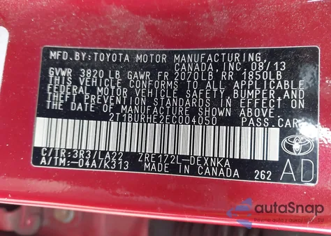 2014 Toyota Corolla Le Premium from USA, damaged, VIN 2T1BURHE2EC004050